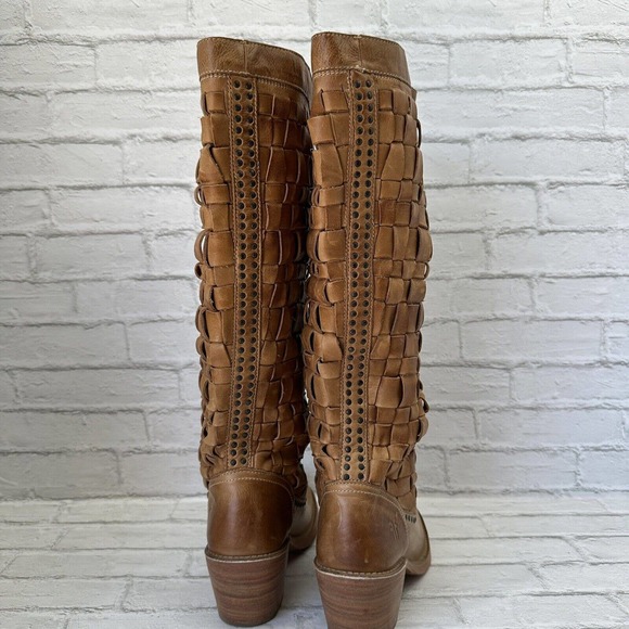 Frye Knee High Boots Light Brown Basket Weave Leather Heels 8 B - Picture 3 of 10